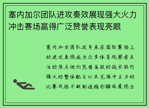 塞内加尔团队进攻奏效展现强大火力冲击赛场赢得广泛赞誉表现亮眼